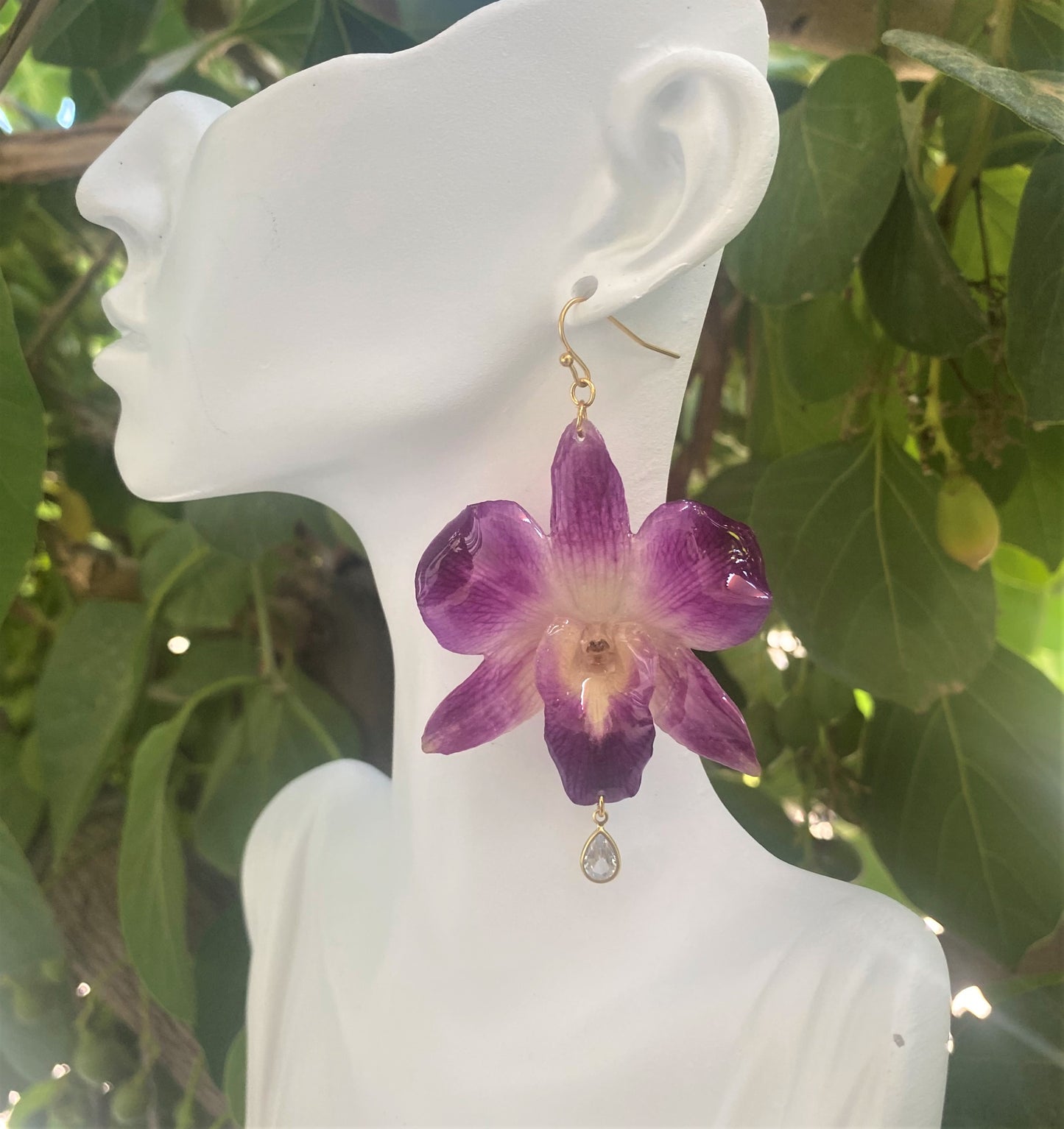Earrings real orchid flower dendrobium sonia purple