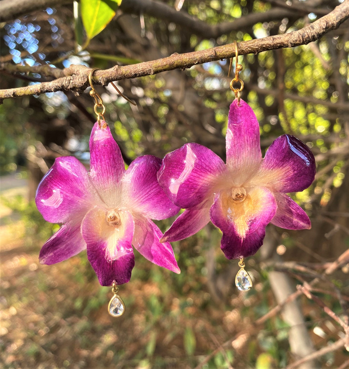 Earrings real orchid flower dendrobium sonia purple