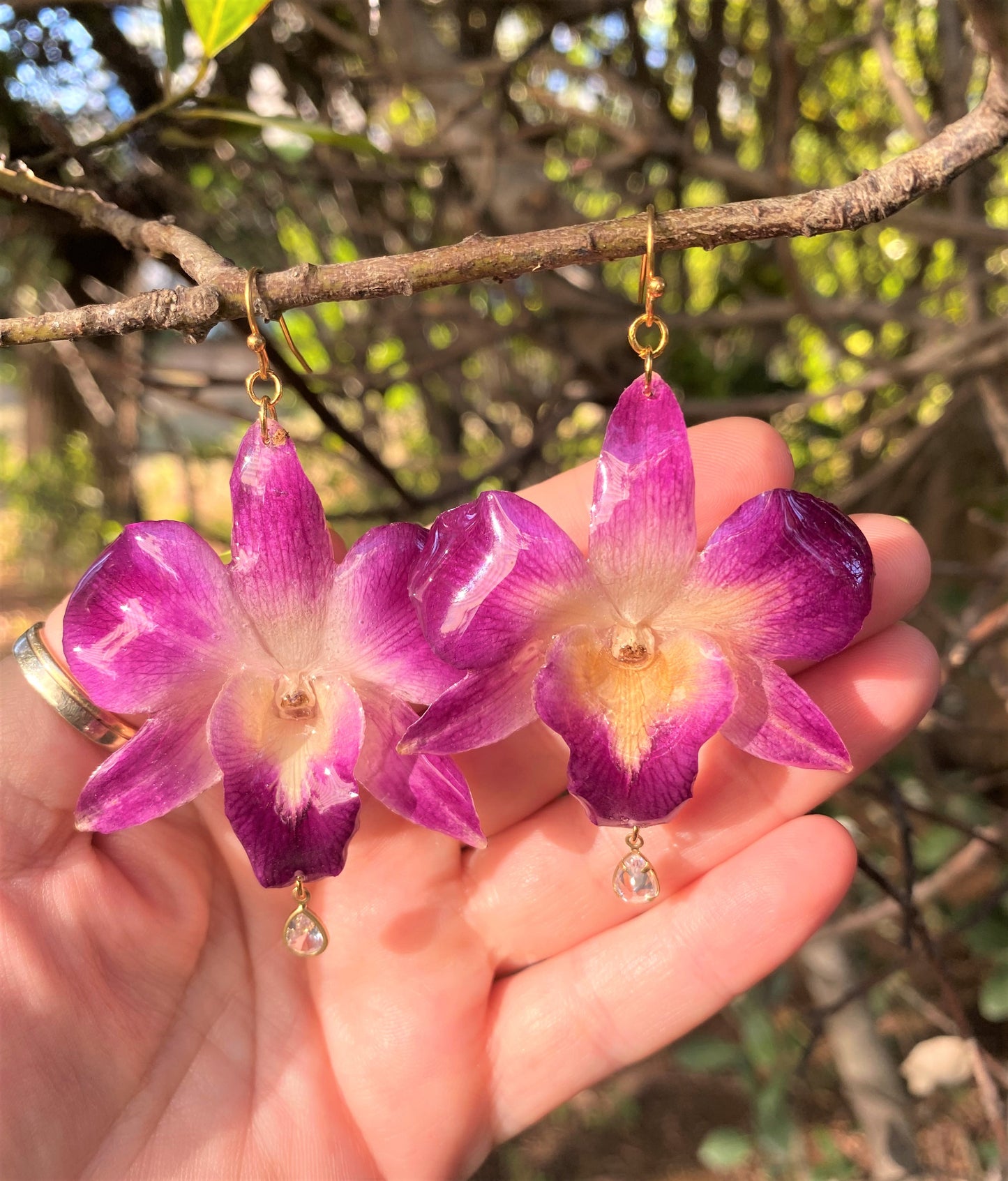 Earrings real orchid flower dendrobium sonia purple