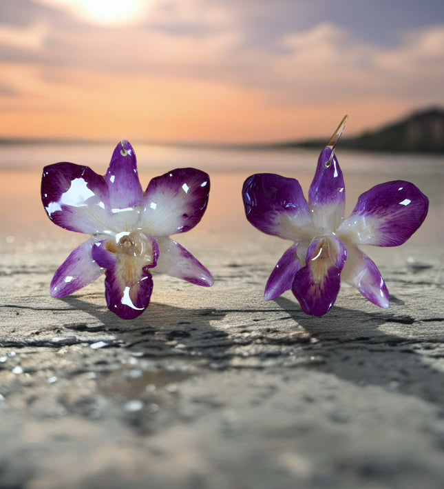 Σκουλαρίκια από αληθινή ορχιδέα Dendrobium Sonia Purple