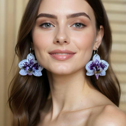 Earrings real orchid phaleanopsis white - purple
