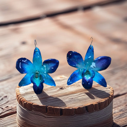 Earrings real orchid flower dendrobium sonia blue
