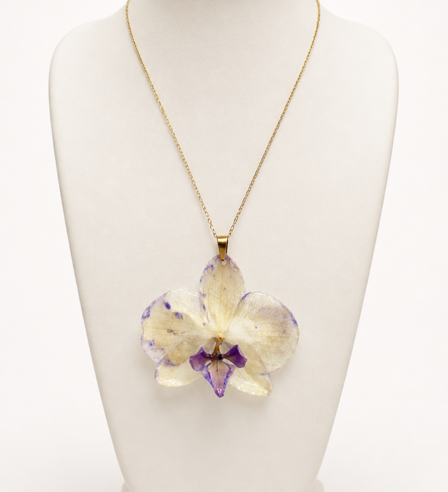 Μενταγιόν με Αληθινή Ορχιδέα Phalaenopsis Μωβ σε Υγρό Γυαλί