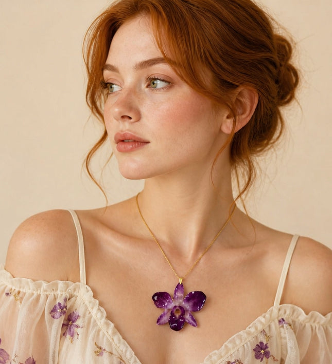 Necklace with Real Dendrobium Sonia Blue & Purple Orchid in Resin