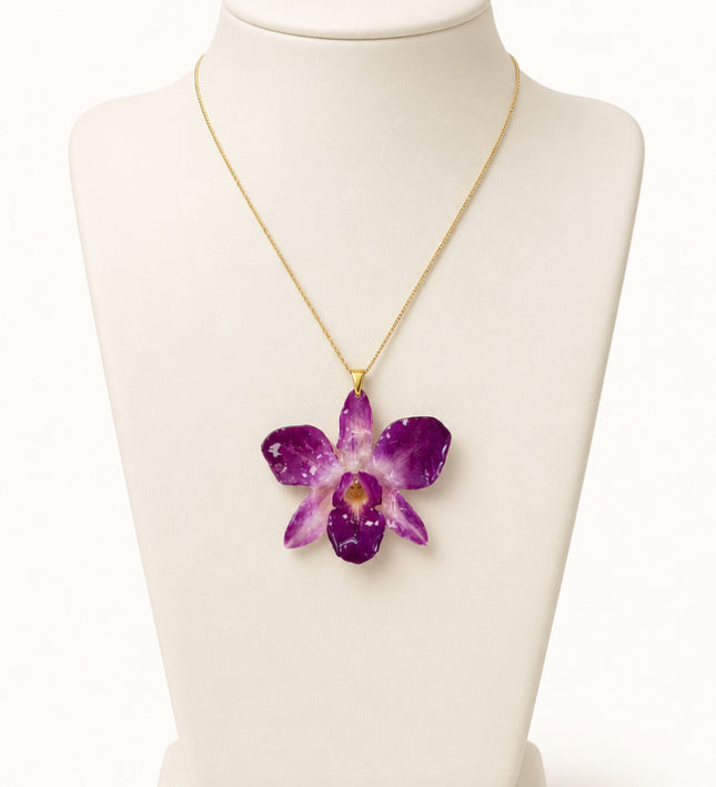 Necklace with Real Dendrobium Sonia Blue & Purple Orchid in Resin