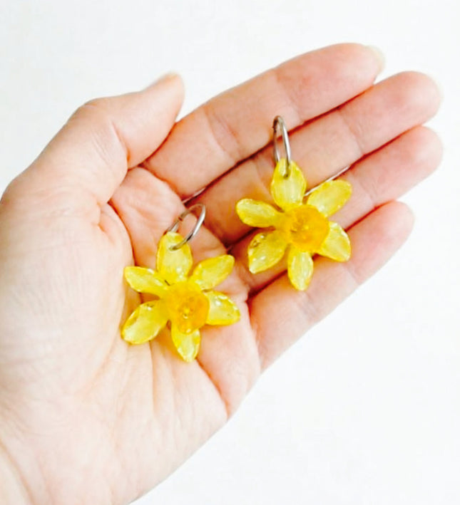 Real daffodil flower hoop earrings