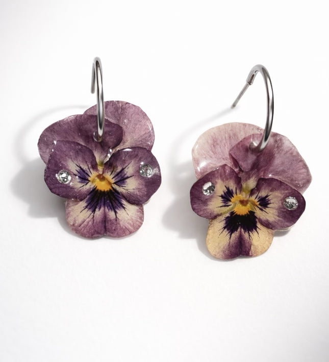 Real pansy flower earrings