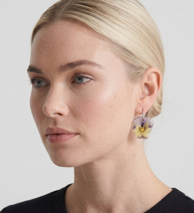 Real pansy flower earrings