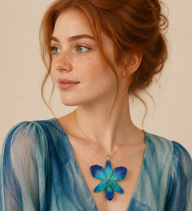 Necklace with Real Dendrobium Sonia Blue & Purple Orchid in Resin