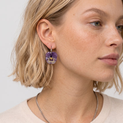 Real pansy flower earrings