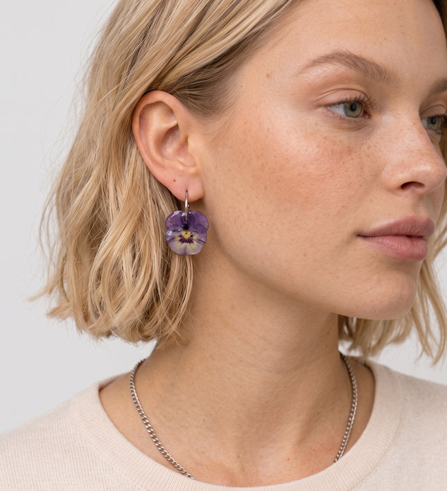 Real pansy flower earrings
