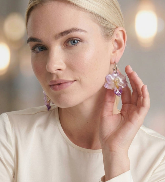 Earrings with Real Mini Phalaenopsis Orchids in Resin