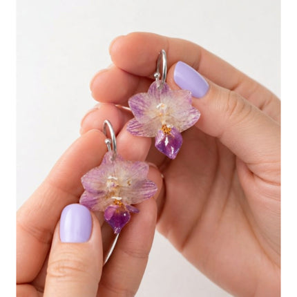 Σκουλαρίκια με Αληθινές Mini Phalaenopsis Ορχιδέες σε υγρό γυαλί