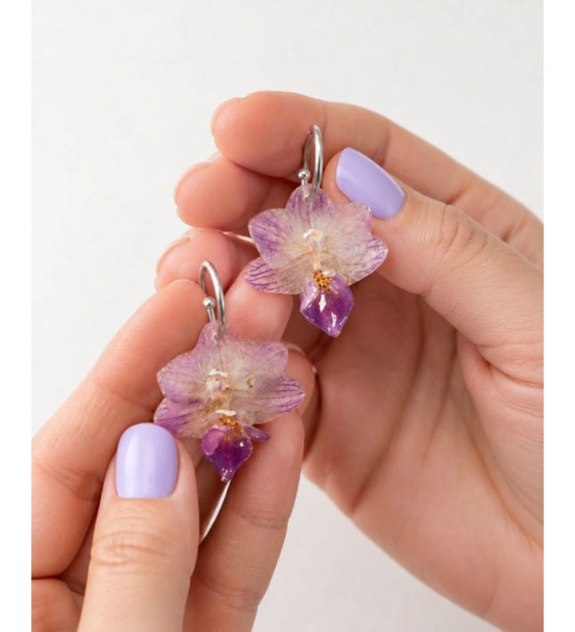 Earrings with Real Mini Phalaenopsis Orchids in Resin