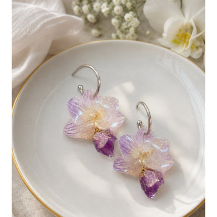 Σκουλαρίκια με Αληθινές Mini Phalaenopsis Ορχιδέες σε υγρό γυαλί