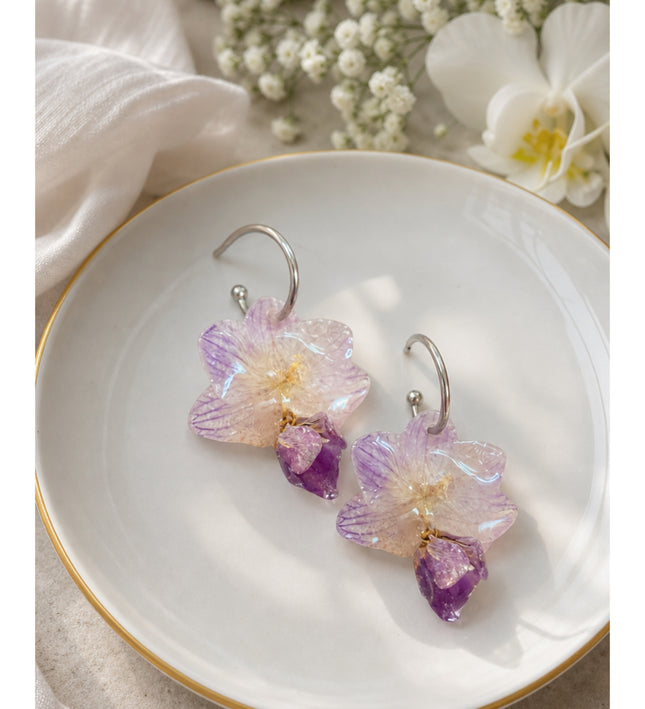 Earrings with Real Mini Phalaenopsis Orchids in Resin