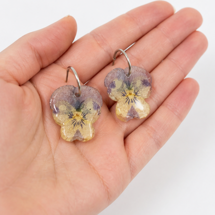 Real pansy flower earrings