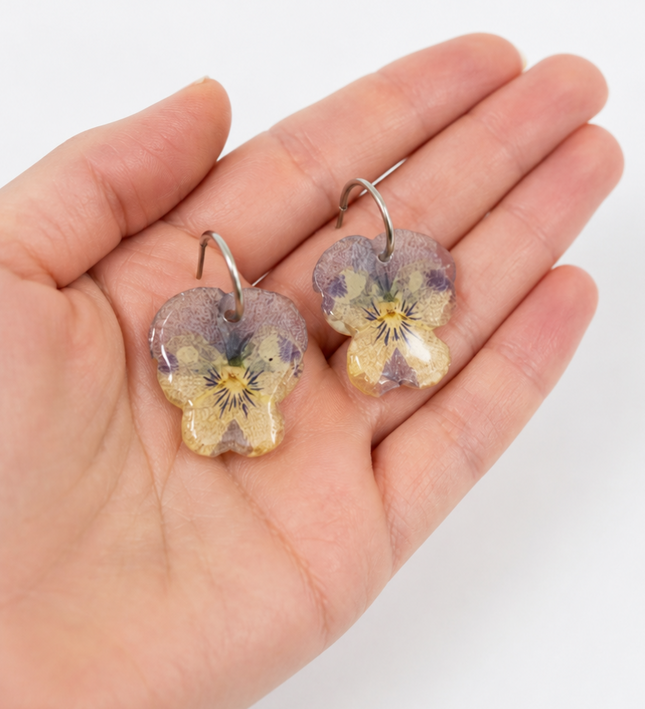 Real pansy flower earrings