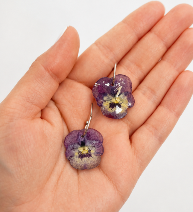 Real pansy flower earrings