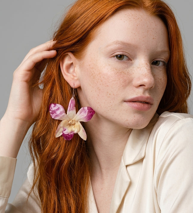 Earrings real orchid flower dendrobium sonia blue