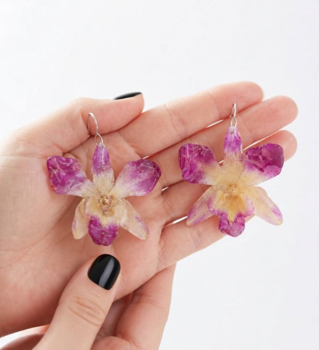 Earrings real orchid flower dendrobium sonia blue