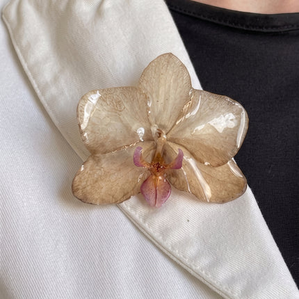 Καρφίτσα με Αληθινή Ορχιδέα Phalaenopsis σε υγρό γυαλί