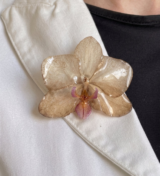 Καρφίτσα με Αληθινή Ορχιδέα Phalaenopsis σε υγρό γυαλί