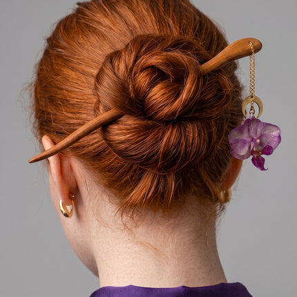 Ξύλινο Hair pin με Αληθινά λουλούδια σε υγρό γυαλί