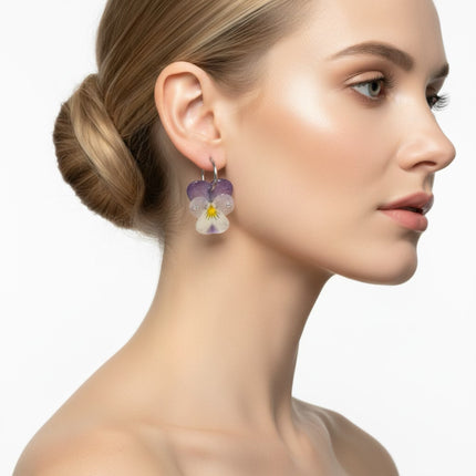 Real pansy flower earrings