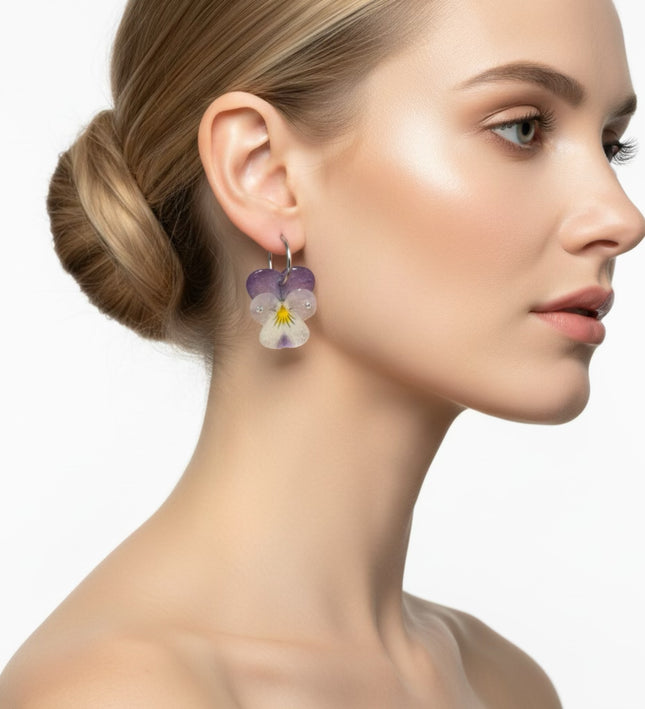 Real pansy flower earrings