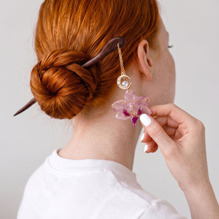 Ξύλινο Hair pin με Αληθινά λουλούδια σε υγρό γυαλί