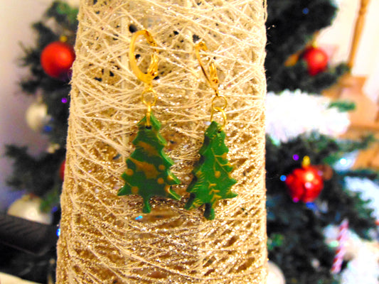Σκουλαρίκια Χριστουγεννιάτικο δέντρο με χρυσά σχέδια