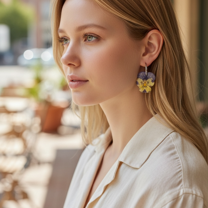Real pansy flower earrings