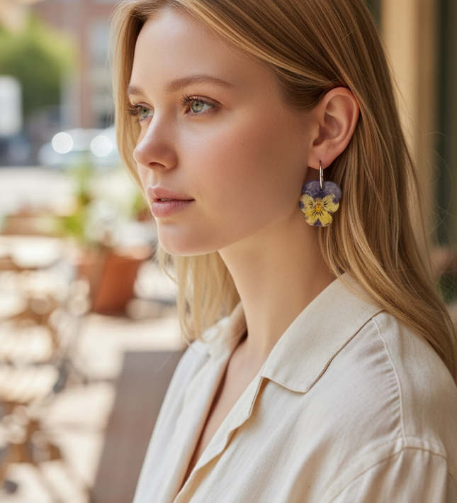 Real pansy flower earrings