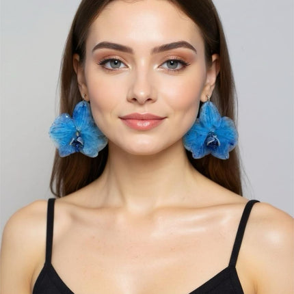 Earrings real Phalaenopsis orchid flower blue