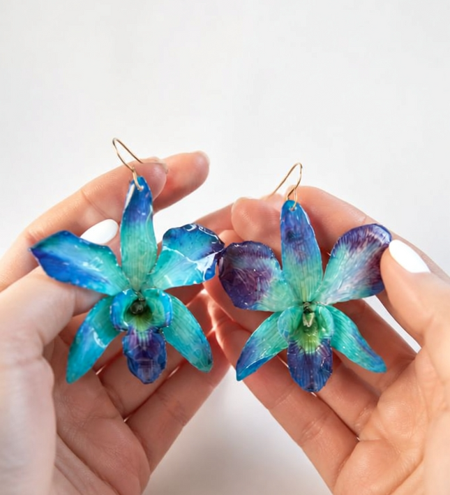 Earrings real orchid flower dendrobium sonia blue