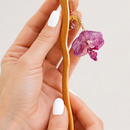 Ξύλινο Hair pin με Αληθινά λουλούδια σε υγρό γυαλί