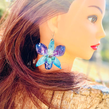 Earrings real orchid flower dendrobium sonia blue