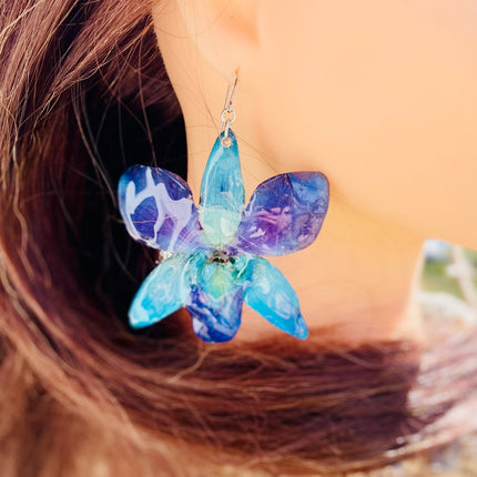 Earrings real orchid flower dendrobium sonia blue